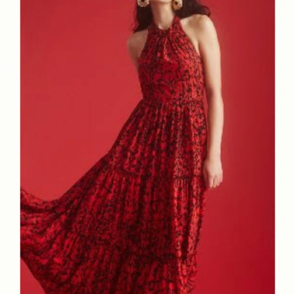 Anthropologie Payal Jain Tiered Maxi Dress Size 6 Red Motif